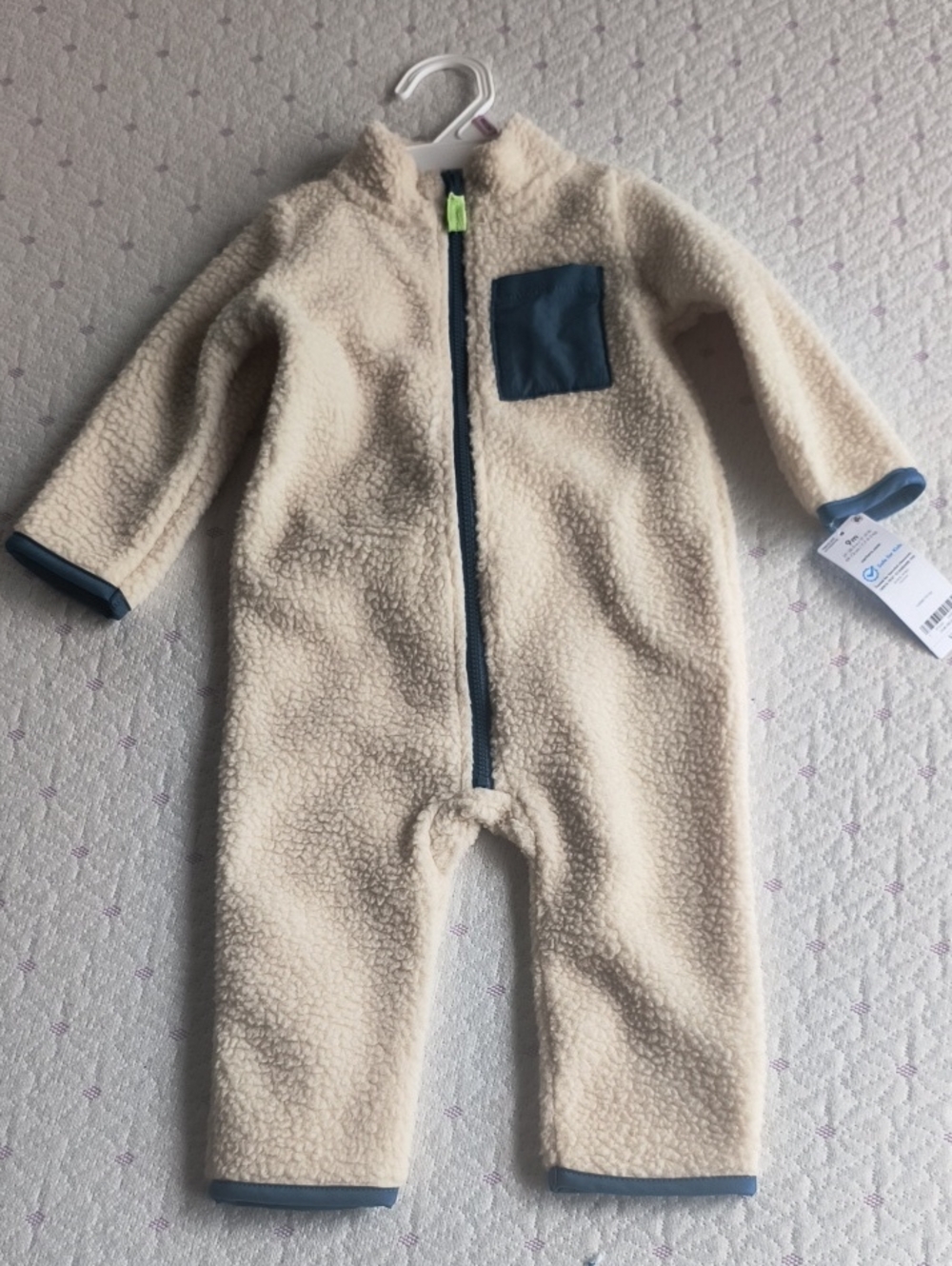 Carter's Cream Sherpa Footie with Navy Trim and Chest Pocket